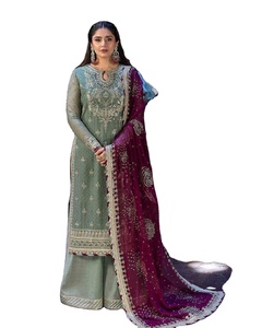 Anarkali Style Front Back Embroidery Work Knee Length <b>Top</b> Bottom Dupatta Set Georgette Silk Multi Color Reversible Party Wear - Product Image 1