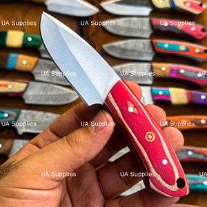 Couteau de chasse et de camping à lame fixe en acier de Damas, pointe clip, qualité industrielle, épaisseur 0,5 mm, manche en bois rayé rouge et noir - Product Image 6