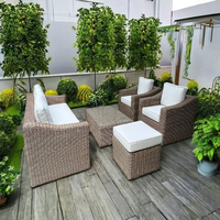 Ensemble de salon de jardin moderne pour hôtel, avec canapé, coussins en PU, table basse en verre, structure en aluminium durable, en PE pour cour et parc