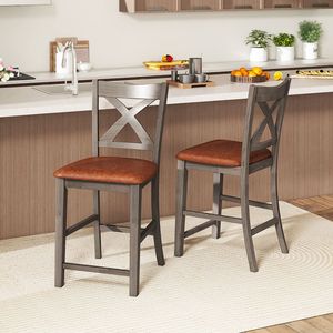 Set di 2 sgabelli da bar con schienale a croce e seduta imbottita in similpelle - Product Image 1