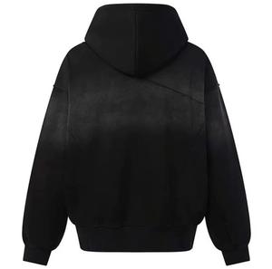 Sweat-shirt unisexe noir à capuche zippé, coupe classique, couleur unie, en molleton bouclette tricoté, manches longues, anti-plis, manches raglan - Product Image 2