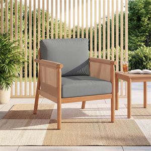 Sedia in Legno di Acacia Grigia Stile Boho con Braccioli in Corda Intrecciata, Sedia Imbottita da Esterno per Portico e Balcone - Product Image 2