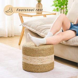 Poggiapiedi in Erba Marina Naturale Intrecciata Fatto a Mano, Pouf Quadrato in Acciaio Inossidabile per Arredamento Casa e Seduta - Product Image 3