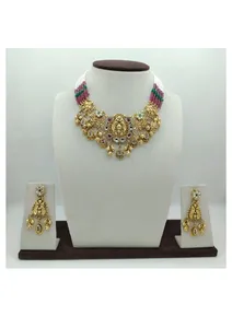 Traditional gold tone temple necklace <b>set</b> with multicolor stones and <b>bead</b> strands bridal jewelry with matching long earrings - Product Image 3