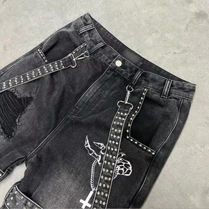 2026 HaiYao High Quality Custom <b>Jeans</b> Ripped Distressed Rivet Wide Leg Streetwear Hiphop Y2K OEM ODM Cotton Men's Denim <b>Jeans</b> - Product Image 5
