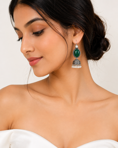 Handmade Oxidized <b>Silver</b> Green Oval Stone Pearl Drop Jhumka <b>Earrings</b> - Product Image 3