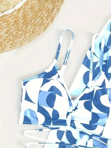 Conjunto de tankini con estampado geométrico para mujer, pantalones cortos con corte halter cruzado y cordón ajustable, traje de baño - Product Image 3
