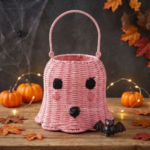 Seau à bonbons vintage en corde de papier tressée rose pastel en forme d'animal avec poignée et bord festonné pour la décoration de fête Pinkoween - Product Image 6