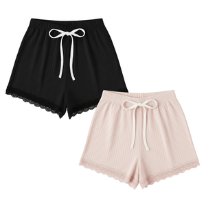 Stylish Women High <b>Elastic</b> Breathable Ribbed Knit <b>Lace</b> Trim Shorts Casual Summer Lounge Soft Fabric Factory Direct Wholesale - Product Image 1