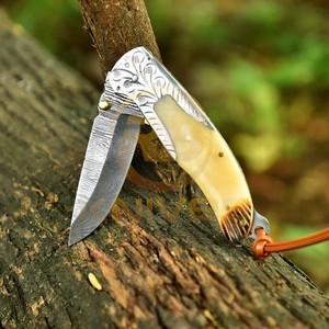 Premium Handmade Damascus Folding <b>Knife</b> with <b>Bone</b> <b>Handle</b> Outdoor Hunting Pocket <b>Knife</b> OEM Custom Logo Supplier - Product Image 2