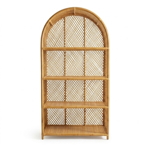 Estantería Arqueada Bohemia de Ratán Natural y Madera Maciza de 4 Niveles, Estante de Exhibición con Tejido de Mimbre Hecho a Mano, Librería Arqueada para Sala de Estar - Product Image 1