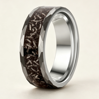 Bague en carbure de tungstène argenté avec incrustation de météorite, bord martelé et facetté, pour homme, alliance de mariage, ajustement confortable, bijou de fiançailles et de promesse