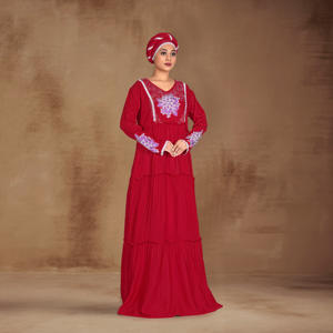 Kaftan brodé en rayonne avec un travail de broderie détaillé sur le devant, un design évasé à plusieurs niveaux, des manches ornées et une silhouette élégante longue jusqu'au sol. - Product Image 1