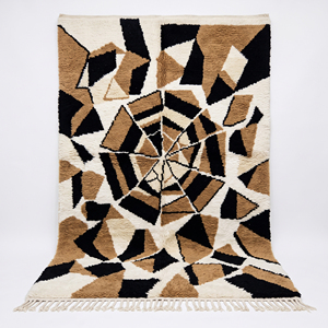 Tapis en laine 100% néo-zélandaise, style géométrique abstrait terrazzo, noir, camel, ivoire, à poils longs/courts, lavable - Product Image 1