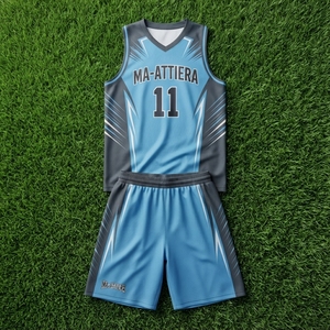 Ensemble short et maillot de basket-ball personnalisé bleu ciel et gris, uniforme d'équipe graphique, vêtements de sport par sublimation, maille respirante, OEM ODM - Product Image 6