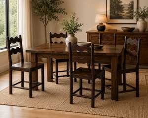 Ensemble de table à manger en bois de style américain avec chaises à dossier ondulé, construction en bois massif, respectueux de l'environnement, pour les fêtes - Product Image 1