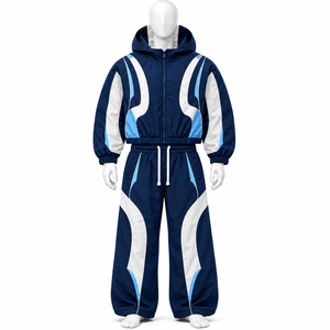 Conjunto de chándal personalizado oversize con paneles de ondas azules, estilo moderno, chaqueta cortavientos con capucha y pantalones de pierna ancha para ropa deportiva unisex - Product Image 1