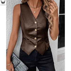 Nuevo Chaleco de Cuero Sintético para Mujer, Estilo Vintage, Color Marrón, Elegante, Formal, Sin Mangas, Cuello en V, Ajustado, para Club - Product Image 5
