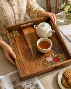Hand Painted Wooden Serving Tray Floral Wood Breakfast Tea Tray <b>Rustic</b> <b>Home</b> <b>Decor</b> - Product Image 2
