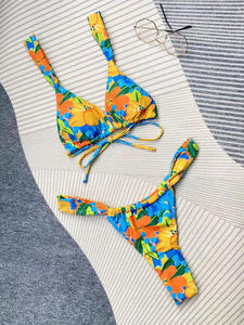 Women's Colorful Print Halter Bikini Set With Drawstring Back Two Piece Swimsuit Thong Bottom <b>Stretch</b> Fabric - Product Image 5