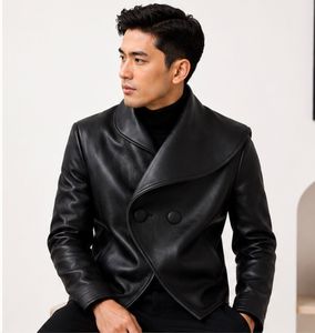 Veste en cuir véritable pour homme, double boutonnage, coupe ajustée, col rabattu, couleur unie, style décontracté chic, vêtements d'automne - Product Image 4