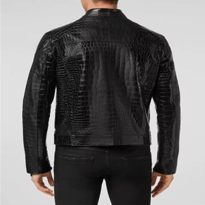 Blouson moto en cuir PU noir pour homme, col montant, motif crocodile embossé, fermeture éclair, coupe ajustée, style automne - Product Image 3