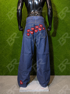 Jean en denim bleu délavé foncé avec patch cœur, coupe large, décontracté, vintage, respirant, léger, pour homme, style streetwear - Product Image 3