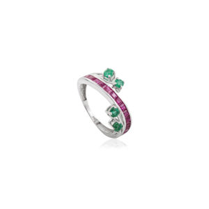 Beautiful Natural Princess Cut Ruby & Round Brilliant Cut Emerald Birthstone <b>Statement</b> Bypass Style Fine <b>Silver</b> <b>Ring</b> for Women - Product Image 3