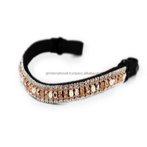 Fait à la main 5 rangées de cristaux dorés et clairs décoratifs Double bande de front de cheval en cuir rembourré souple disponible en plein Cob sur les tailles - Product Image 1