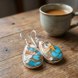 Oyster Copper Turquoise Teardrop <b>Dangle</b> <b>Earrings</b> 925 Sterling <b>Silver</b> Rose & Yellow Gold Plated Handmade Mosaic Gemstone Jewelry - Product Image 3