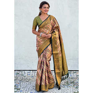 Sari Azul Marino Original Dharmavaram Leheriya de Seda con Bordado Zari, Ropa India y Pakistaní - Product Image 1
