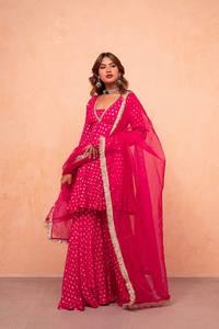 Pink Polka Dot Traditional Indian Pakistani Women's Floor-Length Anarkali Suit With Dupatta Wedding Wear - Product Image 2