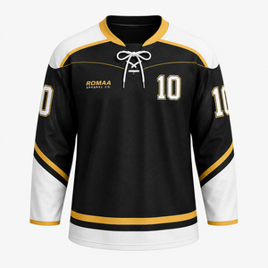 Camiseta de hockey sobre hielo para hombre, personalizada, en negro, blanco y dorado, con cuello con cordones y número de jugador personalizado - Product Image 6