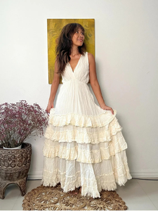 Wholesale Custom Flare Sleeve Full Ruffle White Maxi Natural Tiered Gauze <b>Boho</b> Chic Evening Beach Organic Cotton Eco-Friendly - Product Image 2