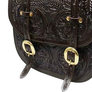 Hand <b>Tooled</b> Western Genuine <b>Leather</b> Heavy Duty Saddle Bag with Brass Buckle for Horse Riding Trail Riding Equestrian Panniers - Product Image 2