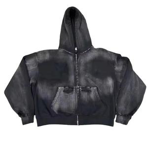 Sudadera con capucha personalizada al por mayor con gráfico de llamas para hombre, estilo oversize, roja, vintage, streetwear, con cremallera completa, efecto desgastado, proveedor OEM - Product Image 1
