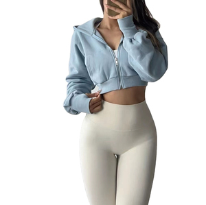 Wholesale High Quality Streetwear Women <b>Zipper</b> Hoodies Custom Crop <b>Top</b> Hoodie Custom Fabric Gym Crop <b>Top</b> Hoodies Women Casual - Product Image 1
