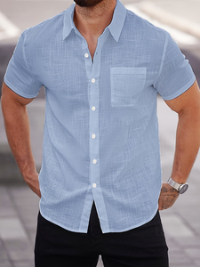 Customized Brand Men's Light Blue Short Sleeve Linen Shirt Solid Casual Breathable Summer Woven Fabric Button Collar Pocket - Product Image 2