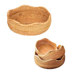 PHU HAO Premium Eco-friendly Handmade <b>Wicker</b> Rattan Vintage Circle Bread <b>Basket</b> / Tray Decorative Scallop Weaving <b>Storage</b> - Product Image 1