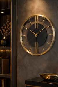 Horloge murale circulaire géométrique minimaliste en métal, mouvement mécanique silencieux, affichage des aiguilles, sonnerie horaire, design noir - Product Image 2