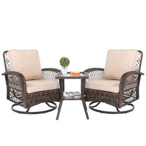 3-Piece Outdoor Patio Furniture Set Wicker Bistro with Swivel Gliders Rocker and Rattan Rocking Chair Glass Top Side - Product Image 1