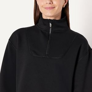 <b>Women</b> Black Half Zip <b>Fleece</b> Pullover Sweatshirt Stand Collar Long Sleeve Solid Quarter Zip <b>Top</b> - Product Image 2