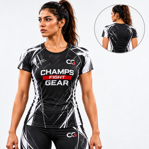 เสื้อรัดกล้ามเนื้อแขนสั้นสำหรับผู้หญิงแบบ OEM สำหรับ MMA มวยไทย บราซิลเลียนยิวยิตสู ยิวยิตสูแบบต่อสู้ แห้งเร็ว เหมาะสำหรับการฝึกศิลปะการต่อสู้และกีฬา - Product Image 2