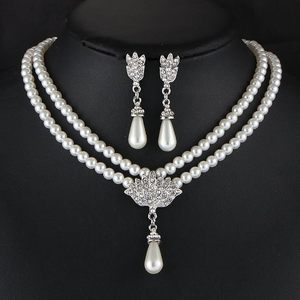 Conjunto de Joyería Moderno de Collar y Pendientes de Aleación Plateada con Perlas y Formas Geométricas, Diseño de Capas y Colores de Moda, Regalo para Mujer - Product Image 4