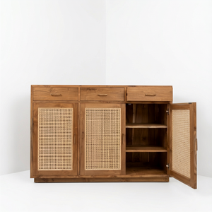 Solid Teak Wood <b>Sideboard</b> 3 Drawer Cabinet Commercial Hotel Credenza with Rattan for Luxury Resort Hospitality Project Furniture - Product Image 2