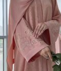 Abaya ample rose unie brodée en polyester pour femme, robe islamique à manches longues et devant ouvert, élégante pour la prière et les fêtes de l'Aïd - Product Image 2