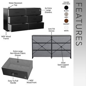 Black <b>6</b>-<b>Drawer</b> Dresser with Large Fabric <b>Drawers</b> - Product Image 3
