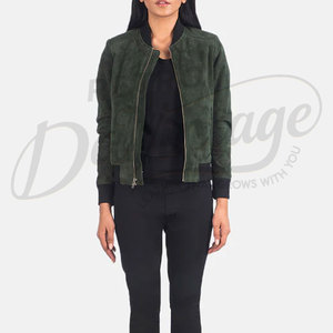 Women Dark Green Genuine Suede <b>Leather</b> Bomber <b>Jacket</b> Slim Fit Premium Goat Suede Casual Winter Varsity Outerwear Coat - Product Image 4