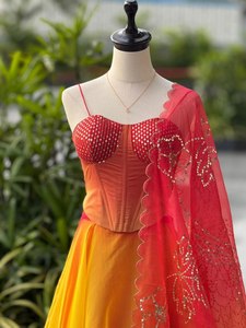 Designer Ombre <b>Red</b> Yellow Floor-Length Quick Dry Lehenga Choli Set with Dupatta Women Party Wear Wedding Festive Ethnic Dress - Product Image 2