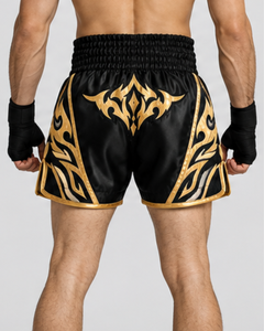 Shorts de Muay Thai en satin noir et or, matériau durable, pour entraînement et compétition d'arts martiaux mixtes, équipement sportif combiné haut de gamme - Product Image 4